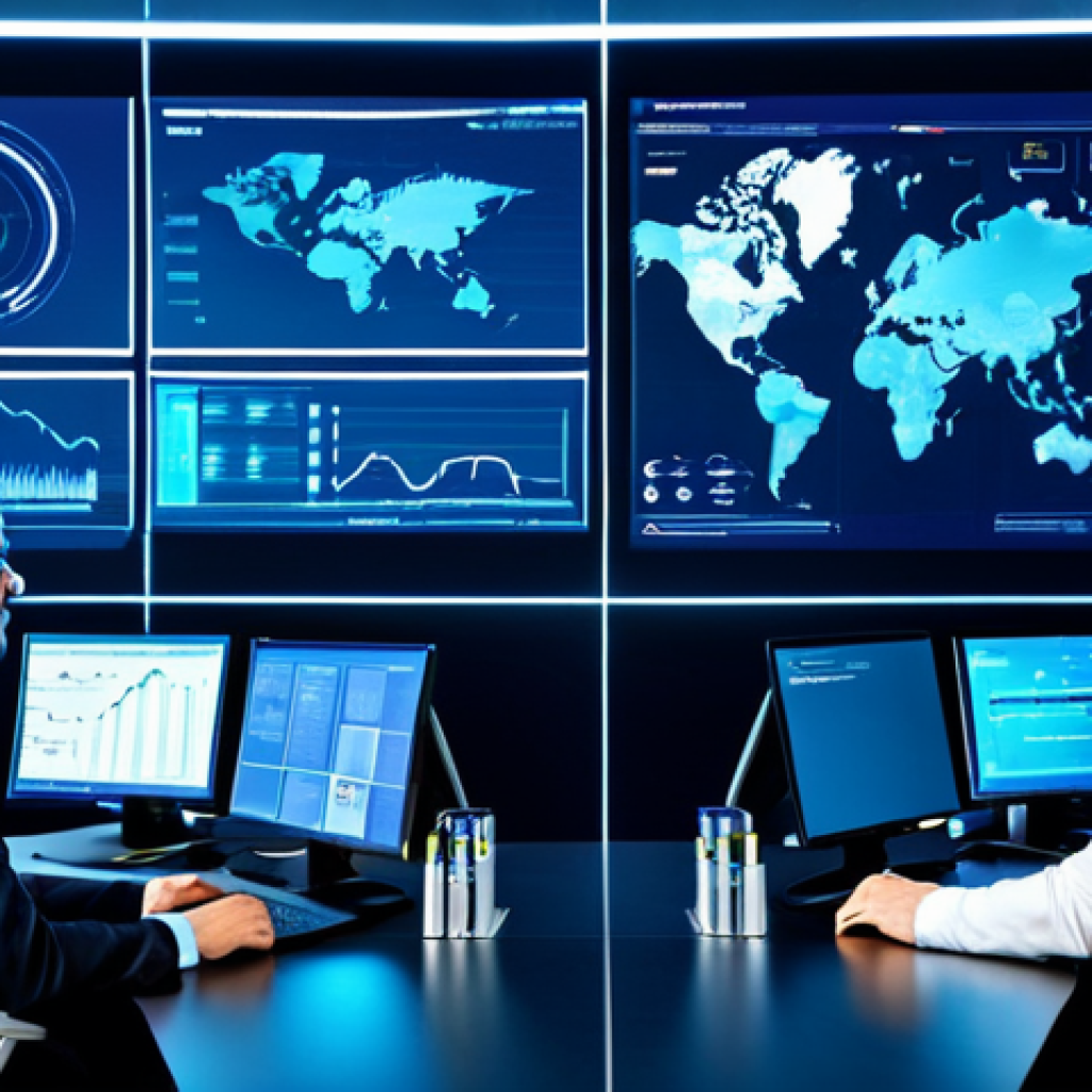 A diverse group of professional data analysts and logistics experts, fully clothed in smart business attire, intensely focused on large, interactive digital displays that visualize real-time supply chain analytics. The modern control center environment is bathed in futuristic blue light, with intricate graphs, global maps, and data streams representing AI-driven predictions and IoT sensor input. The scene highlights efficiency, transparency, and the power of technology in modern logistics. perfect anatomy, correct proportions, natural pose, well-formed hands, proper finger count, safe for work, appropriate content, fully clothed, professional, high-resolution, detailed, realistic photography.