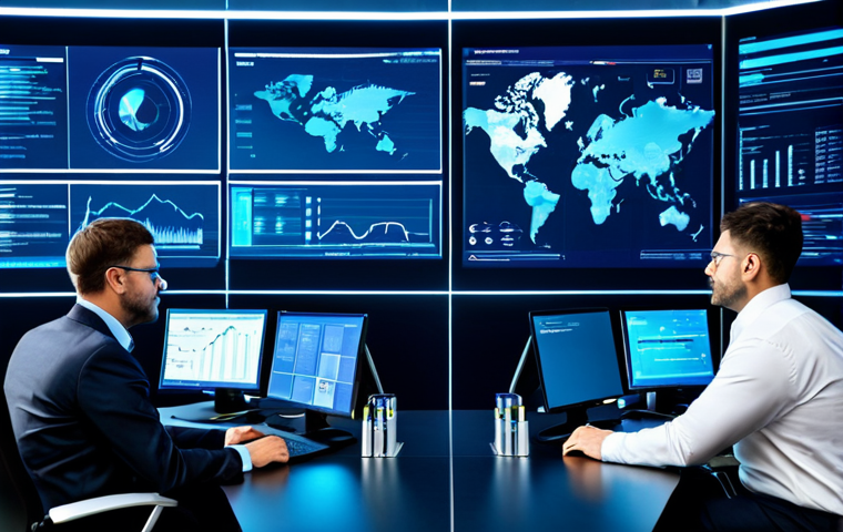 A diverse group of professional data analysts and logistics experts, fully clothed in smart business attire, intensely focused on large, interactive digital displays that visualize real-time supply chain analytics. The modern control center environment is bathed in futuristic blue light, with intricate graphs, global maps, and data streams representing AI-driven predictions and IoT sensor input. The scene highlights efficiency, transparency, and the power of technology in modern logistics. perfect anatomy, correct proportions, natural pose, well-formed hands, proper finger count, safe for work, appropriate content, fully clothed, professional, high-resolution, detailed, realistic photography.