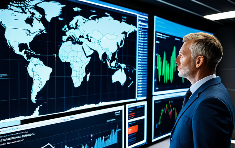 A determined professional male SCM expert, fully clothed in a modest business suit, stands in a modern, high-tech global logistics control room. He is looking at a vast holographic projection displaying a dynamic, interconnected global supply chain map with flowing lines and data points. The room features multiple large screens showing real-time global economic indicators and weather patterns. His posture is confident and resilient, illustrating proactive risk management. The image should have perfect anatomy, correct proportions, well-formed hands, proper finger count, and a natural pose. This is a professional, safe for work, appropriate content, family-friendly image with high-quality cinematic lighting.