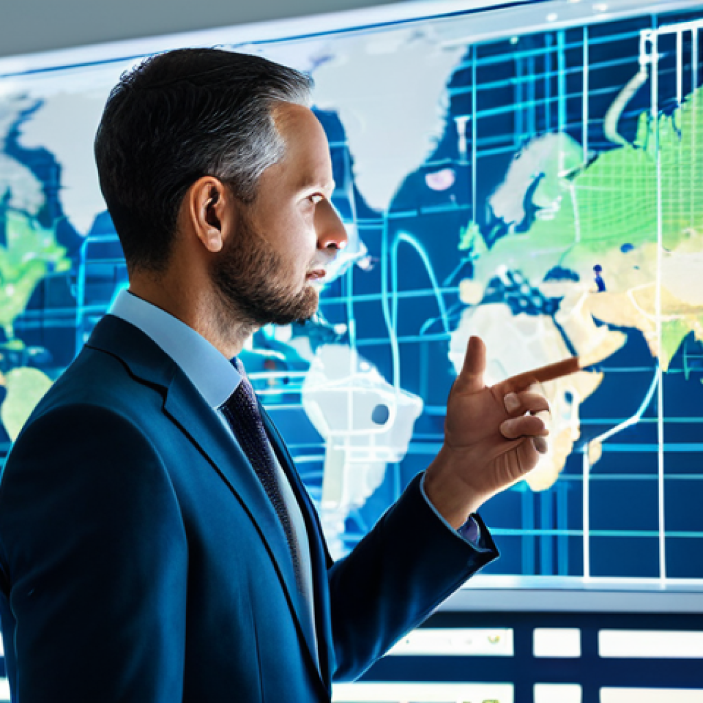 A highly capable SCM professional, mid-career, wearing a sharp, modest business suit and crisp shirt. The professional stands confidently in a modern, well-lit office, looking towards a holographic or large digital display showing intricate global supply chain data and analytics, with one hand subtly gesturing towards the screen. The background features a sleek, futuristic office with minimalist design, large windows, and subtle glowing data lines on walls, along with other digital interfaces. The display shows interconnected logistics hubs and routes across a stylized world map. The image has bright, professional studio lighting, emphasizing sharp details and a sense of clarity, presented in a corporate photography style with a high-tech, yet realistic feel. Ultra high definition, sharp focus, vibrant colors, fully clothed, modest clothing, appropriate attire, professional dress, safe for work, appropriate content, perfect anatomy, correct proportions, natural pose, well-formed hands, proper finger count, natural body proportions, family-friendly.