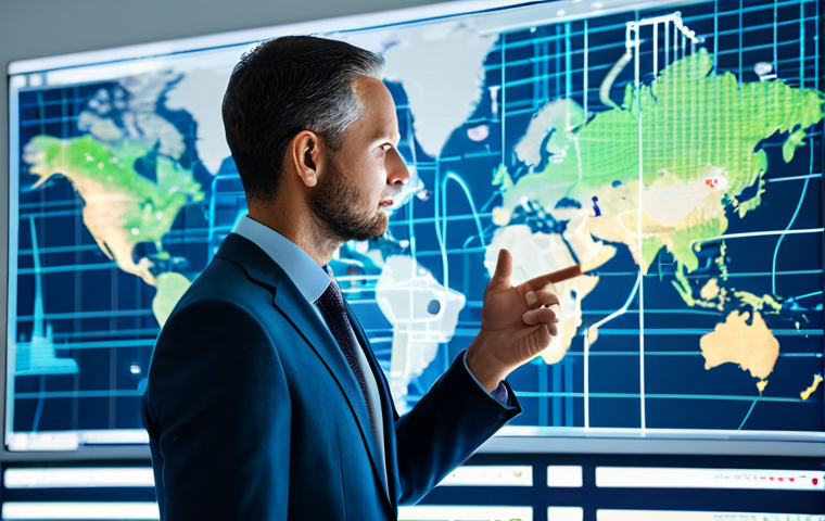 A highly capable SCM professional, mid-career, wearing a sharp, modest business suit and crisp shirt. The professional stands confidently in a modern, well-lit office, looking towards a holographic or large digital display showing intricate global supply chain data and analytics, with one hand subtly gesturing towards the screen. The background features a sleek, futuristic office with minimalist design, large windows, and subtle glowing data lines on walls, along with other digital interfaces. The display shows interconnected logistics hubs and routes across a stylized world map. The image has bright, professional studio lighting, emphasizing sharp details and a sense of clarity, presented in a corporate photography style with a high-tech, yet realistic feel. Ultra high definition, sharp focus, vibrant colors, fully clothed, modest clothing, appropriate attire, professional dress, safe for work, appropriate content, perfect anatomy, correct proportions, natural pose, well-formed hands, proper finger count, natural body proportions, family-friendly.