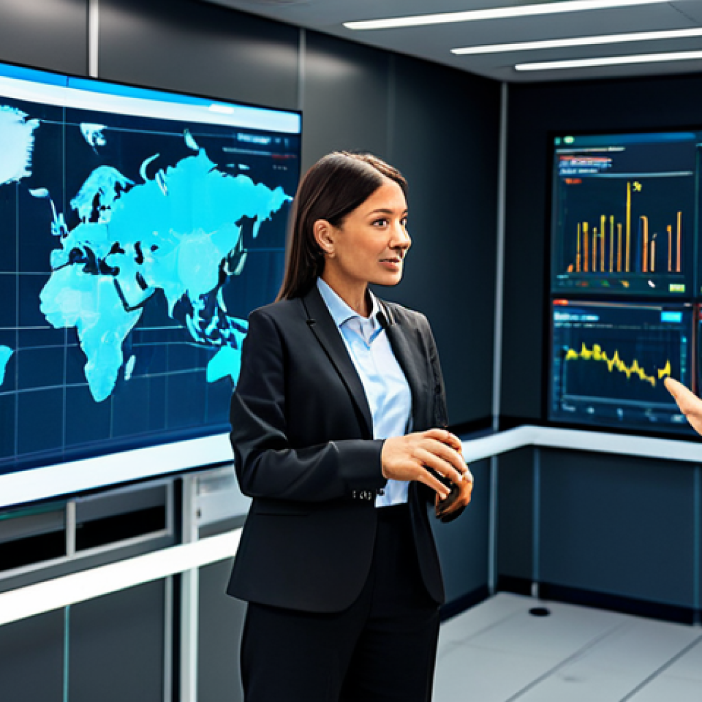 A diverse group of professional individuals, including a woman and a man, fully clothed in modest business casual attire, collaboratively interacting around a large, interactive holographic display in a modern logistics control room. The background features dynamic digital maps, real-time global supply chain routes, and predictive analytics dashboards. The room is sleek, high-tech, and incorporates elements of sustainable design. Professional studio photography, high-resolution, crisp details, vibrant colors. Safe for work, appropriate content, fully clothed, professional, perfect anatomy, correct proportions, natural pose, well-formed hands, proper finger count, natural body proportions.