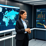 A diverse group of professional individuals, including a woman and a man, fully clothed in modest business casual attire, collaboratively interacting around a large, interactive holographic display in a modern logistics control room. The background features dynamic digital maps, real-time global supply chain routes, and predictive analytics dashboards. The room is sleek, high-tech, and incorporates elements of sustainable design. Professional studio photography, high-resolution, crisp details, vibrant colors. Safe for work, appropriate content, fully clothed, professional, perfect anatomy, correct proportions, natural pose, well-formed hands, proper finger count, natural body proportions.