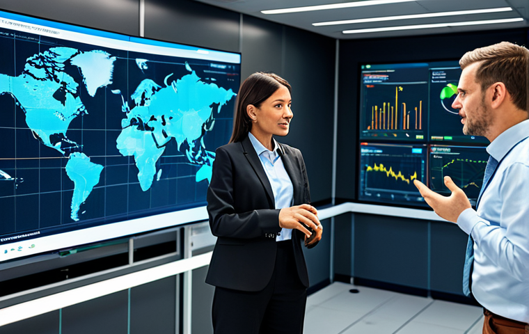 A diverse group of professional individuals, including a woman and a man, fully clothed in modest business casual attire, collaboratively interacting around a large, interactive holographic display in a modern logistics control room. The background features dynamic digital maps, real-time global supply chain routes, and predictive analytics dashboards. The room is sleek, high-tech, and incorporates elements of sustainable design. Professional studio photography, high-resolution, crisp details, vibrant colors. Safe for work, appropriate content, fully clothed, professional, perfect anatomy, correct proportions, natural pose, well-formed hands, proper finger count, natural body proportions.