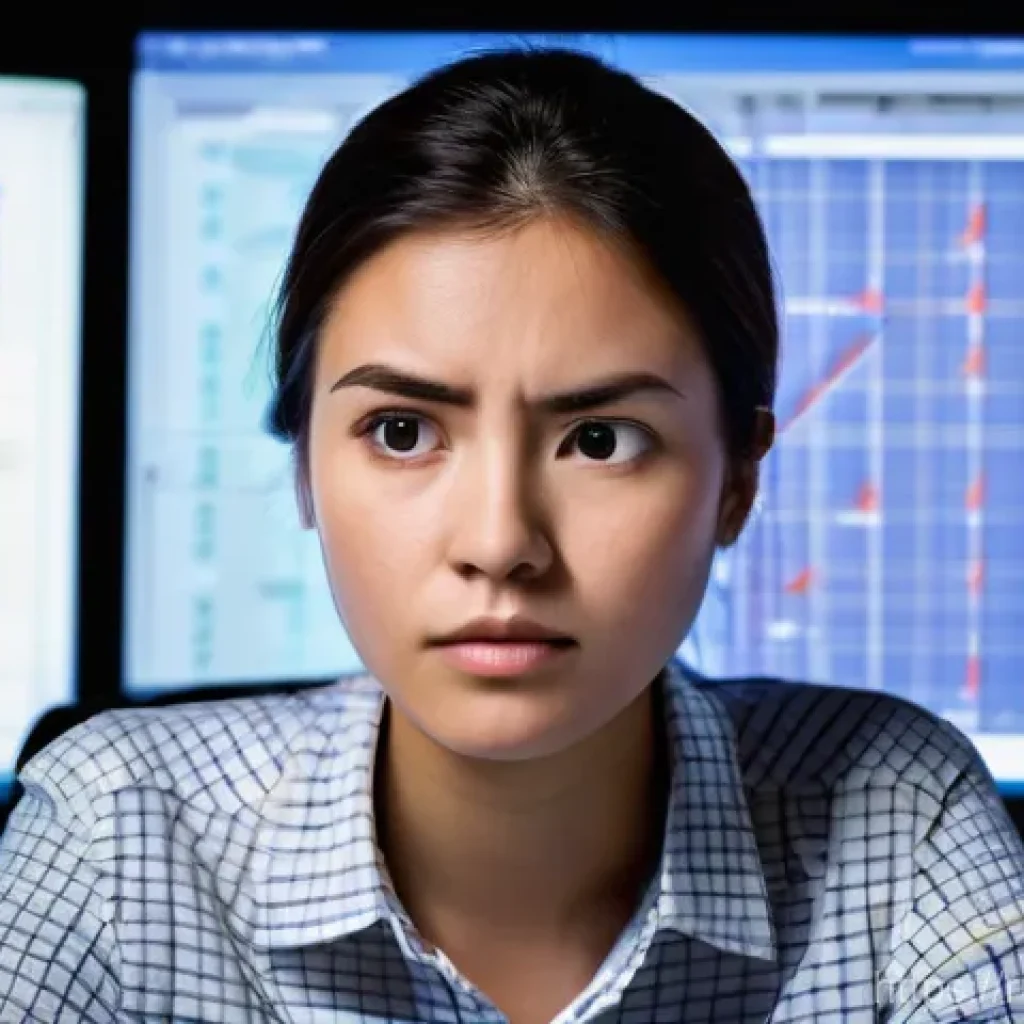 공급망관리 실무에서의 스트레스 관리 - **Overwhelmed Logistician:** A close-up portrait of a young adult female logistician, in her late 20...