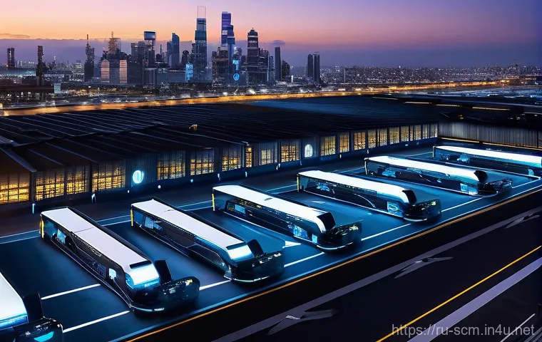공급망관리와 글로벌 물류 서비스 - **"A sprawling, futuristic logistics hub at dusk, showcasing seamless automation and digital integra...