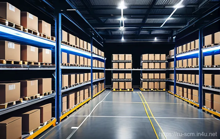 공급망관리 실무에서의 기술 적용 사례 - **Prompt 1: The Automated Heart of Logistics**
    "A wide-angle shot inside a vast, ultra-modern lo...