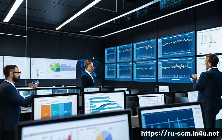 공급망관리 실무에서의 고객 중심 전략 - A modern supply chain control room featuring diverse professionals monitoring multiple large screens...