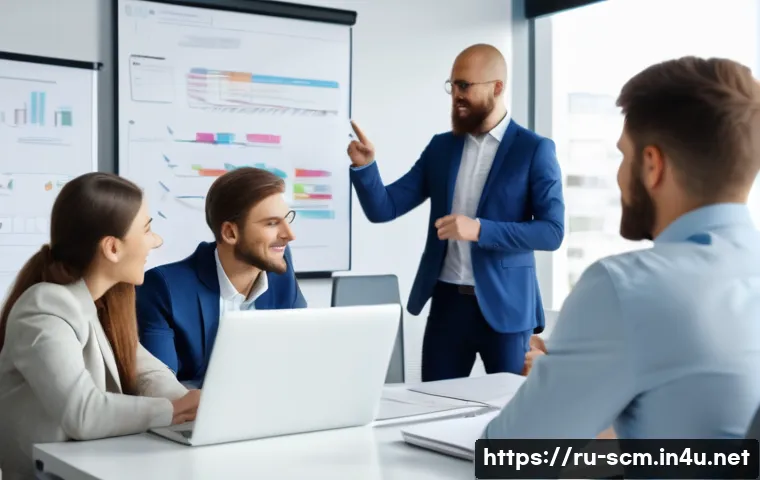 공급망관리 자격증 스터디 그룹 활용 - A diverse group of motivated Russian professionals in a modern, bright conference room, engaged in a...