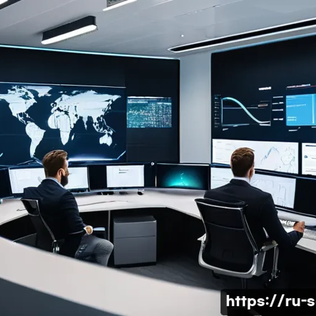SCM 전문가들의 성공적인 업무 비결 - A modern supply chain control room with diverse professionals analyzing real-time data on multiple l...