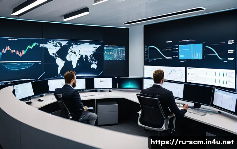 SCM 전문가들의 성공적인 업무 비결 - A modern supply chain control room with diverse professionals analyzing real-time data on multiple l...