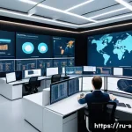 SCM 실무에서의 의사결정 사례 - A modern logistics control center with multiple large digital screens displaying real-time supply ch...