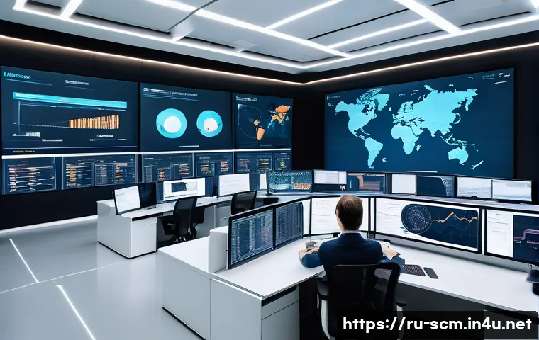 SCM 실무에서의 의사결정 사례 - A modern logistics control center with multiple large digital screens displaying real-time supply ch...