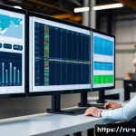 공급망관리의 실무 도전 과제 - A modern logistics control room in a large Russian warehouse, featuring multiple large digital scree...