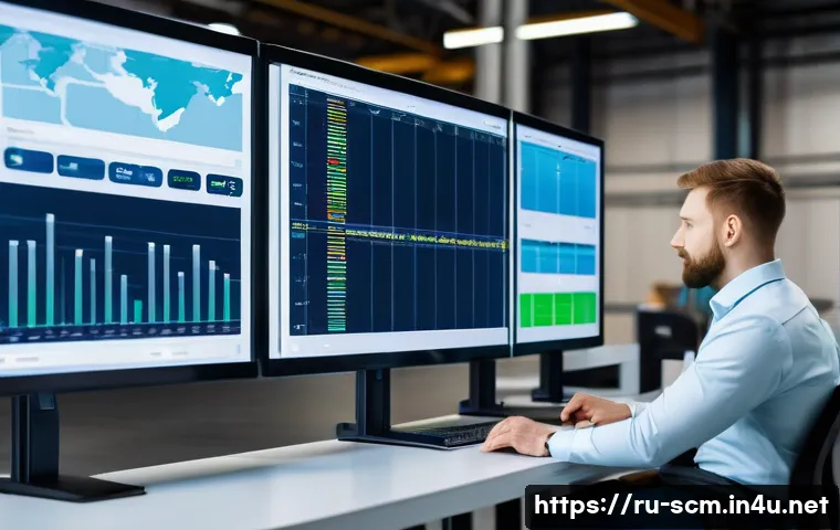 공급망관리의 실무 도전 과제 - A modern logistics control room in a large Russian warehouse, featuring multiple large digital scree...