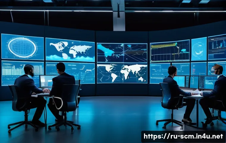 공급망관리와 글로벌 협력 사례 - A modern global logistics control center with diverse international professionals collaborating arou...