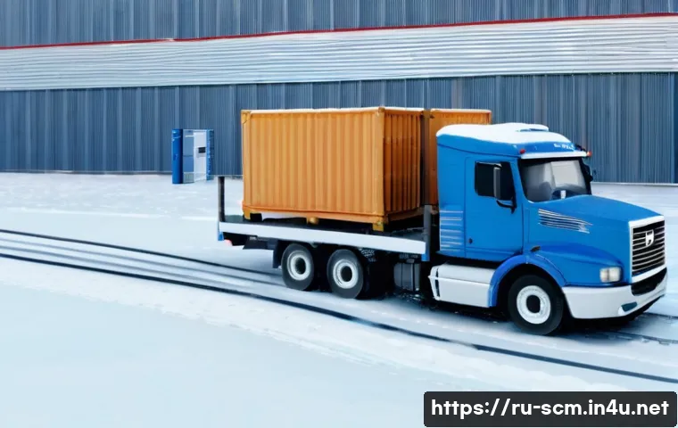 SCM 입문서를 선택하는 방법 - ) Photorealistic winter distribution‑center scene in Russia: exterior view of a mid‑sized DC near Mo...