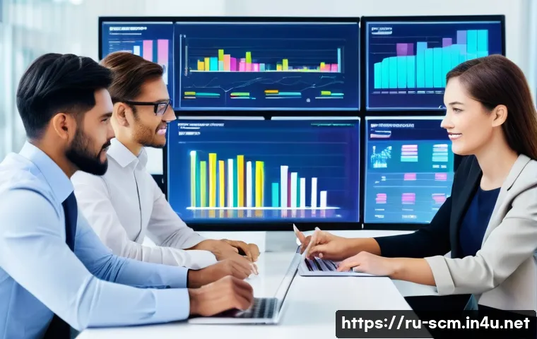 SCM 실무에서의 의사소통 개선 - A modern logistics office scene showing a diverse team of professionals collaborating around large d...