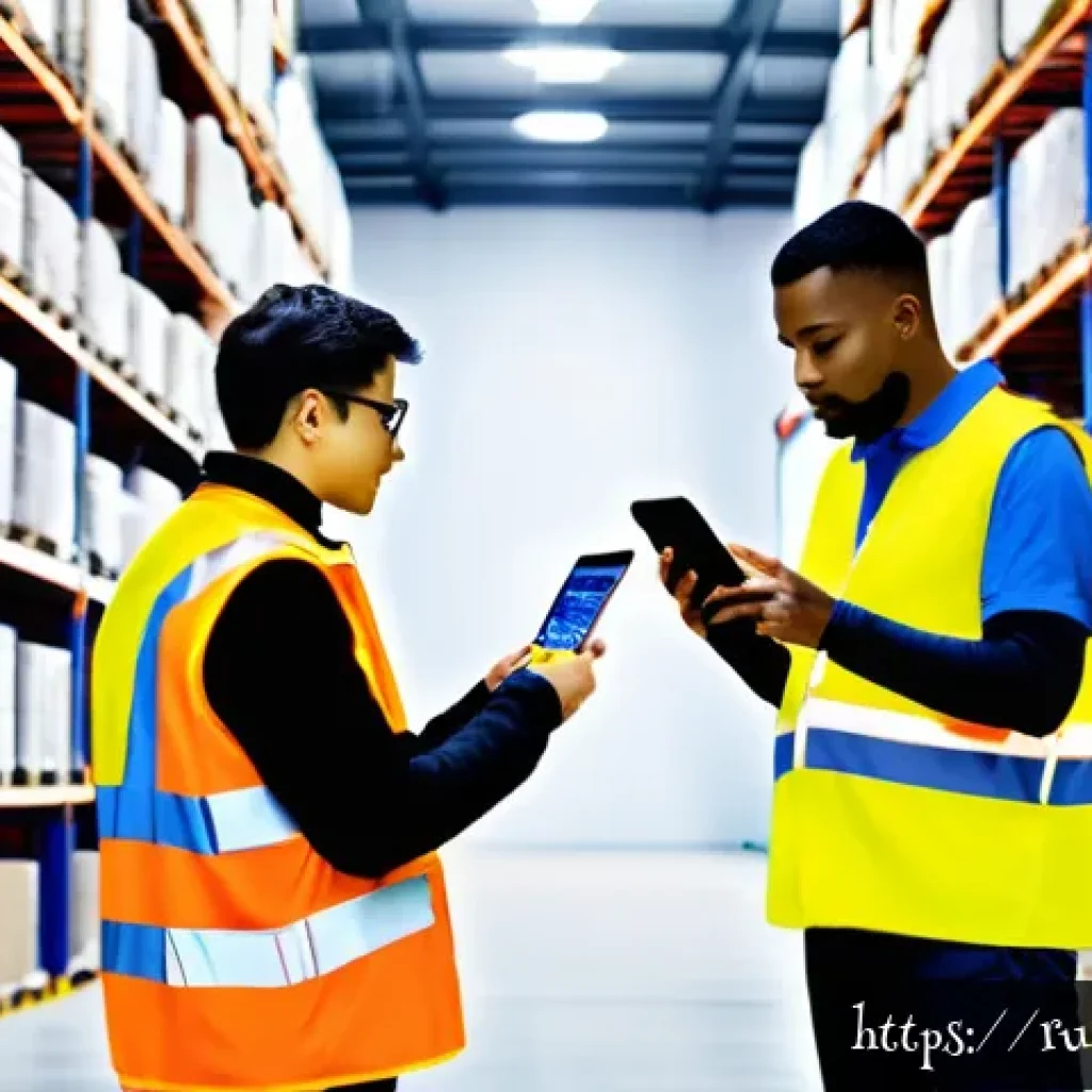 공급망관리 실무 프로세스 최적화 - A modern warehouse interior showcasing an advanced Warehouse Management System (WMS) in action: work...