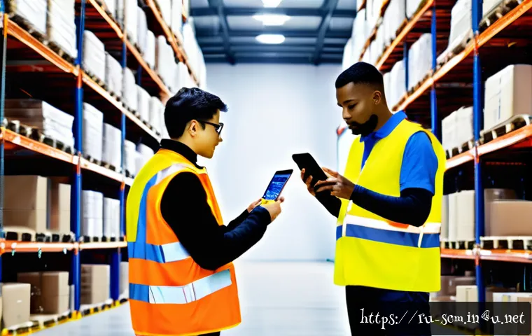 공급망관리 실무 프로세스 최적화 - A modern warehouse interior showcasing an advanced Warehouse Management System (WMS) in action: work...