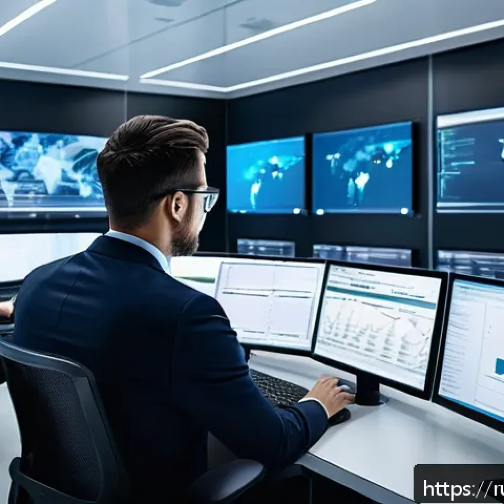 공급망관리와 업계 표준 준수 - A modern logistics control center with diverse professionals in business attire collaborating over l...