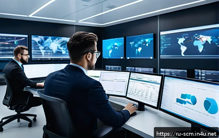 공급망관리와 업계 표준 준수 - A modern logistics control center with diverse professionals in business attire collaborating over l...