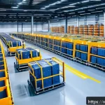 Home 22 SCM와 신기술의 융합 사례 - A modern warehouse interior bustling with advanced AI-powered robots sorting and packing various con...
