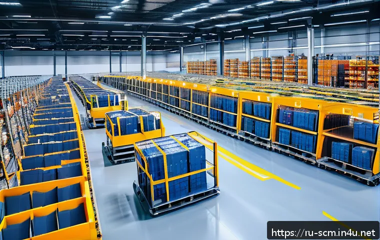 SCM와 신기술의 융합 사례 - A modern warehouse interior bustling with advanced AI-powered robots sorting and packing various con...