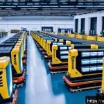 Home 21 SCM에서의 최신 데이터 기술 활용 - A futuristic warehouse interior bustling with advanced robotics and automated systems, featuring sle...