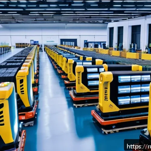 Home 33 SCM에서의 최신 데이터 기술 활용 - A futuristic warehouse interior bustling with advanced robotics and automated systems, featuring sle...
