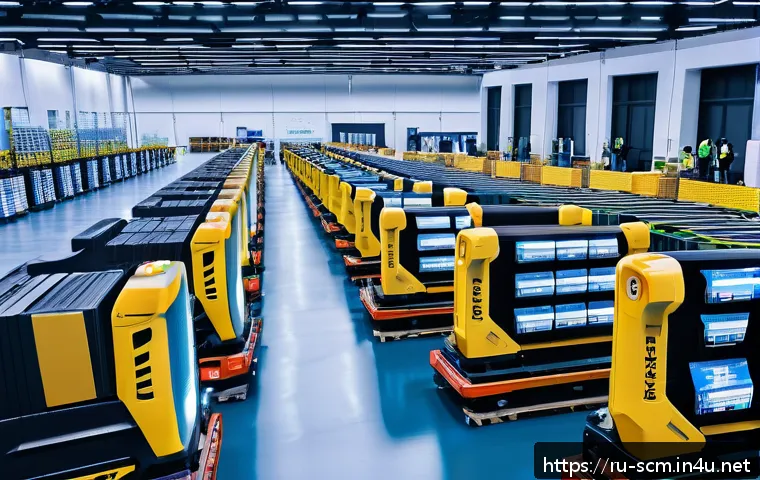 SCM에서의 최신 데이터 기술 활용 - A futuristic warehouse interior bustling with advanced robotics and automated systems, featuring sle...
