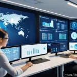 Home 19 SCM와 클라우드 컴퓨팅 활용 - A modern logistics control center with large digital screens displaying real-time data analytics, in...