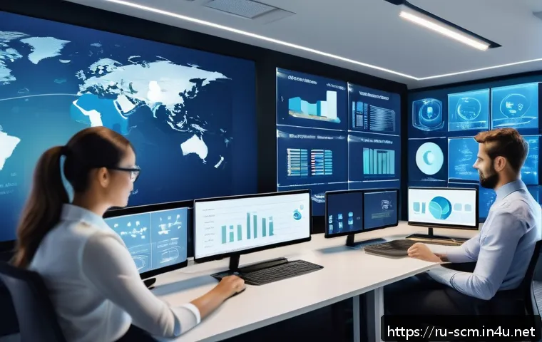 SCM와 클라우드 컴퓨팅 활용 - A modern logistics control center with large digital screens displaying real-time data analytics, in...