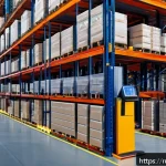 Home 18 SCM 실무에서의 생산성 향상 전략 - A modern warehouse interior with neatly organized shelves and clearly marked zones, featuring worker...
