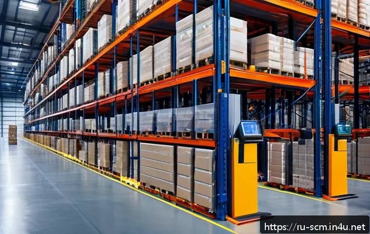 SCM 실무에서의 생산성 향상 전략 - A modern warehouse interior with neatly organized shelves and clearly marked zones, featuring worker...