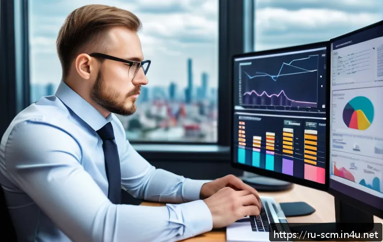 공급망관리 전문가 이직 준비 - A professional Russian logistics manager in a modern office environment, analyzing supply chain data...
