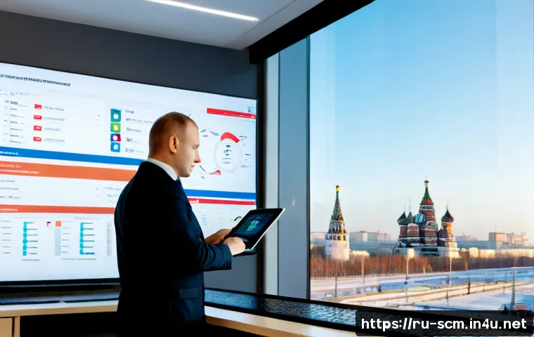 SCM와 신기술의 효과적인 활용 - Photorealistic modern supply chain control room in Moscow, diverse Russian logistics professionals r...