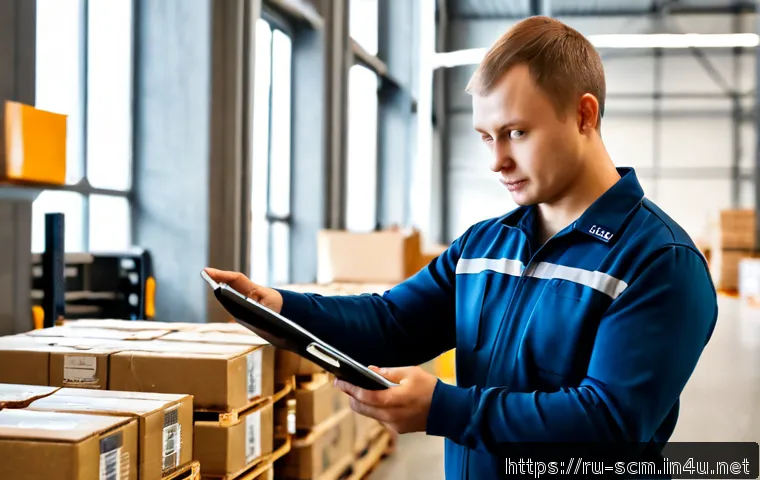 Home 17 공급망관리와 비즈니스 성과 - Photorealistic modern distribution warehouse in Russia, confident supply chain manager reviewing inv...