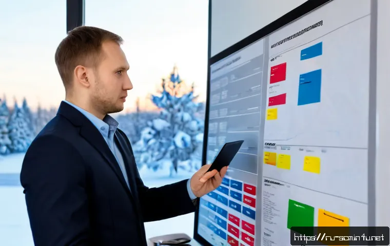 SCM 프로젝트 관리 팁 - Photorealistic project management scene in a modern Moscow office, experienced supply chain manager ...